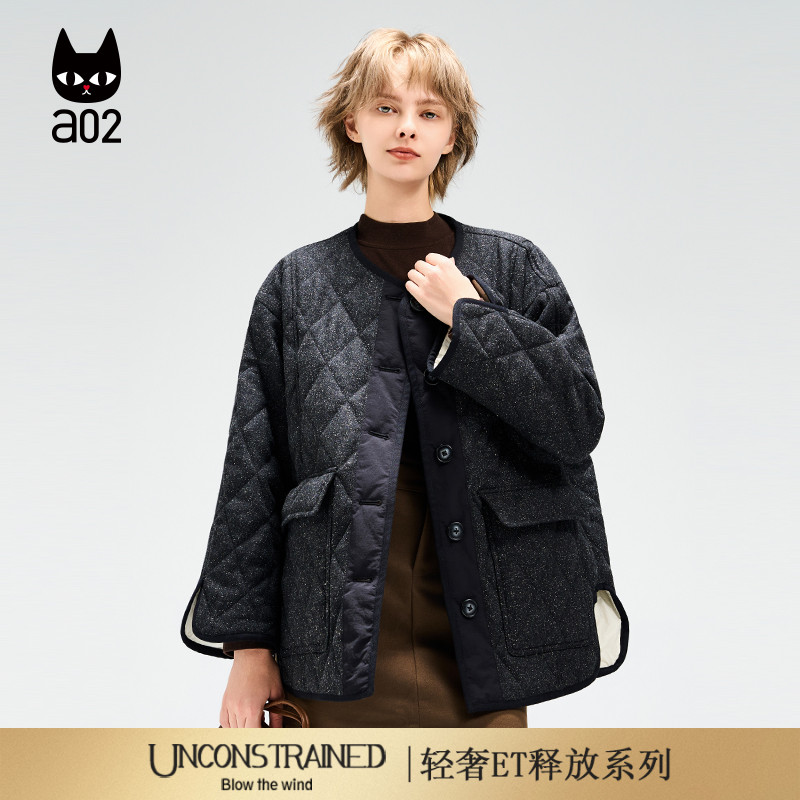 a02【ET释放系列】绵羊毛无领菱格棉服女2025新款冬季棉衣外套