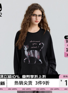 a02黑猫系列宽松圆领长袖T恤女2026新款春秋黑色早秋上衣打底衫