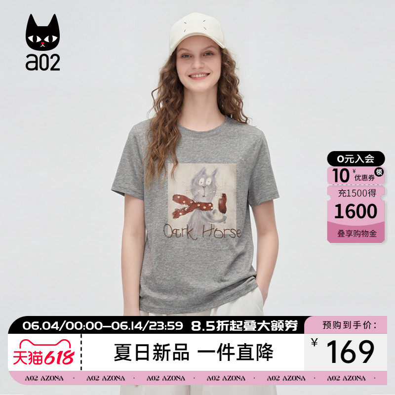 a02休闲正肩卡通猫咪短袖圆领t恤女夏季新款休闲棉莱赛尔t恤