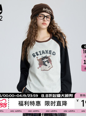 a02黑猫系列宽松圆领插肩袖T恤女2026新款春秋设计感可爱风打底衫