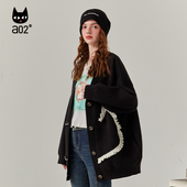 宽松V领猫咪毛衣时尚 a02潮流针织外套开衫 女2025春秋新品 休闲上衣