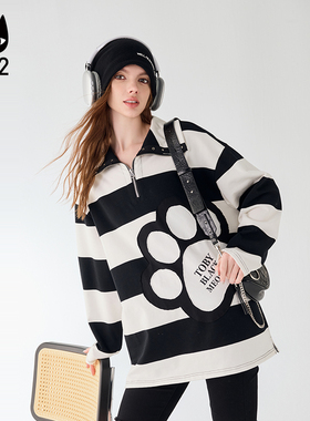 a02黑白条纹翻领长袖T恤女2025新款秋季小众设计感绣花秋装上衣