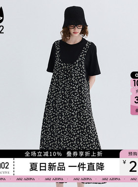 a02设计感碎花拼接假两件圆领短袖长款t恤连衣裙女夏2026宽松休闲