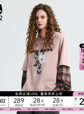 a02黑猫系列假两件宽松圆领卫衣女2026新款春季格纹长袖休闲上衣