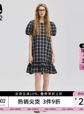 a02荷叶边黑白格子泡泡袖连衣裙2026新款夏甜美风设计感裙子女装