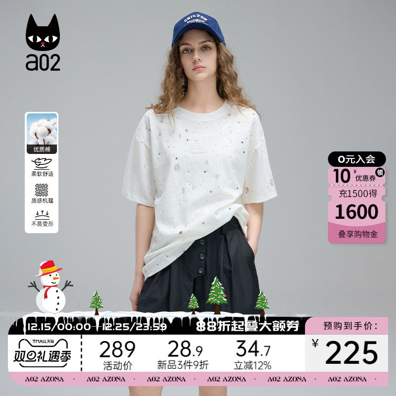 a02破洞潮酷蕾丝短袖T恤女2025新款夏季宽松显瘦圆领设计感上衣