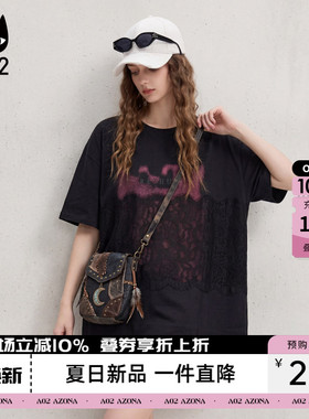 a02个性设计感字母拼接蕾丝短袖T恤女2026夏季新款宽松黑色上衣潮