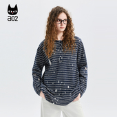 a02烧花破洞肌理感宽松蕾丝条纹圆领长袖 打底衫 T恤女2026新款 春季