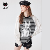T恤 a02复古潮流T恤女2025秋宽松条纹撞色印花长袖 非正式 学院