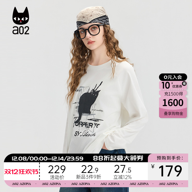 a02黑猫系列宽松圆领长袖T恤女2025新款秋季白色纯棉打底衫上衣