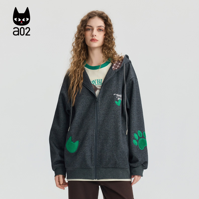 a02宽松连帽毛衣女2025新款秋冬季针织开衫常规外套猫猫灰色上衣