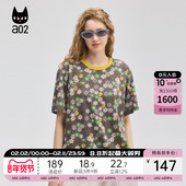 a02宽松圆领碎花短袖 田园风 设计感上衣纯棉半袖 女T恤2025新款 薄款