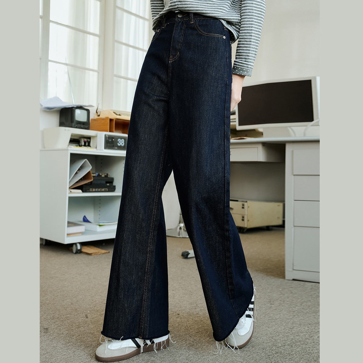 a02美式高腰复古风原色毛边阔腿裤2025夏季休闲宽松女式牛仔裤