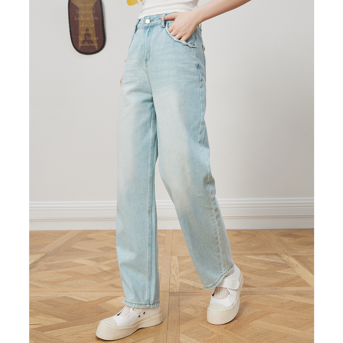 a02复古做旧街头风高腰休闲百搭女式牛仔裤夏季百搭直筒裤