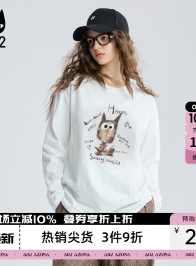 a02黑猫系列宽松圆领长袖T恤女2026新款春秋白色上衣设计感打底衫