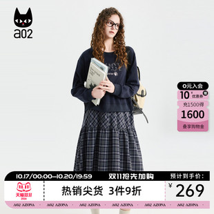 a02黑猫系列宽松圆领假两件连衣裙女2026新款春季卫衣格纹裙子