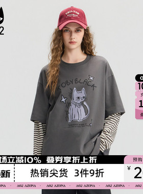 a02黑猫系列宽松圆领假两件长袖T恤女2026新款春秋打底衫通勤穿搭