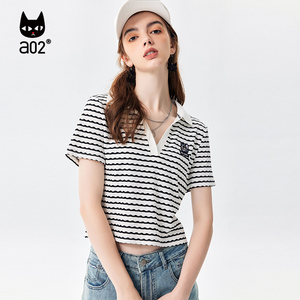 【趣玩】a02通勤短款polo衫2023夏季新品条纹百搭显瘦短袖上衣女