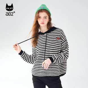 上衣连帽套头毛衣女2025春新款 Fuzzy style a02休闲条纹针织衫