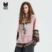 格纹长袖 a02黑猫系列假两件宽松圆领卫衣女2026新款 春季 休闲上衣