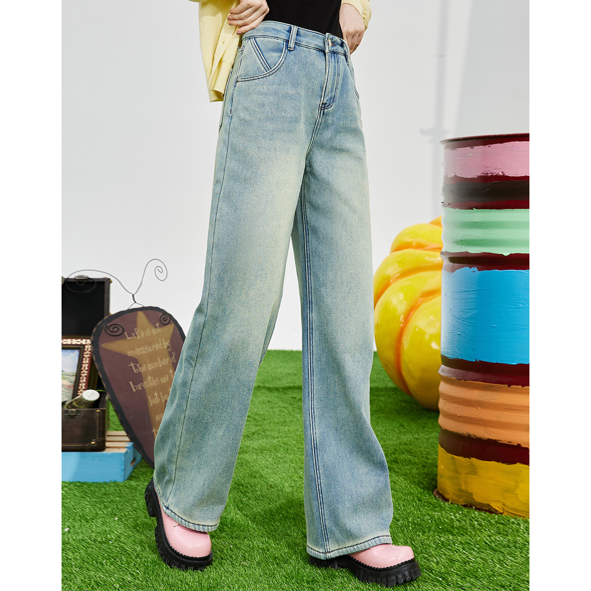 a02复合加厚时尚保暖女式牛仔裤2025秋季新款高腰休闲百搭阔腿裤