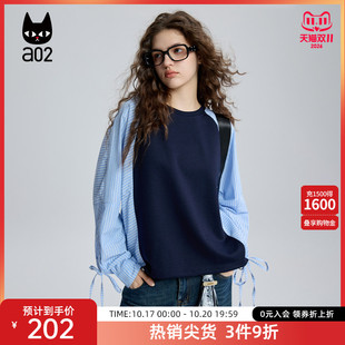 a02宽松圆领卫衣女2026新款春秋拼接条纹袖子设计感上衣通勤穿搭