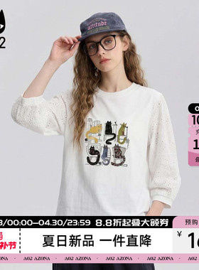 a02休闲猫咪卡通印花蕾丝拼接圆领短袖T恤女2026夏新款宽松上衣