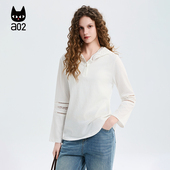 a02宽松连帽蕾丝长袖 上衣 轻薄透气甜美风打底衫 T恤女2026新款 春季