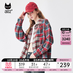 女2025秋季 a02复古潮流衬衫 学院 磨毛拼接撞色格子衬衫 非正式