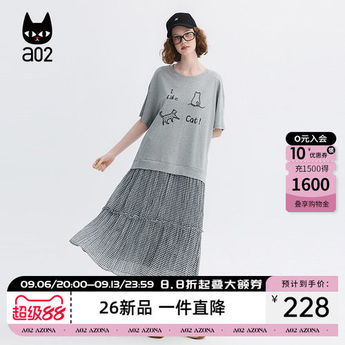 a02猫咪刺绣拼接黑白格雪纺假两件圆领短袖连衣裙女夏2026t恤裙