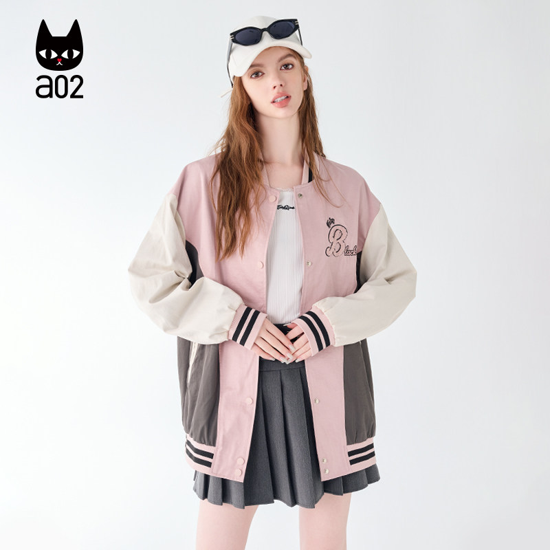 a02宽松棒球服外套女2026春秋新款上衣春秋设计感圆领长袖秋装图片