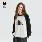 a02黑猫系列撞色插肩袖 上衣 宽松内搭春装 圆领卫衣女2026新款 春季