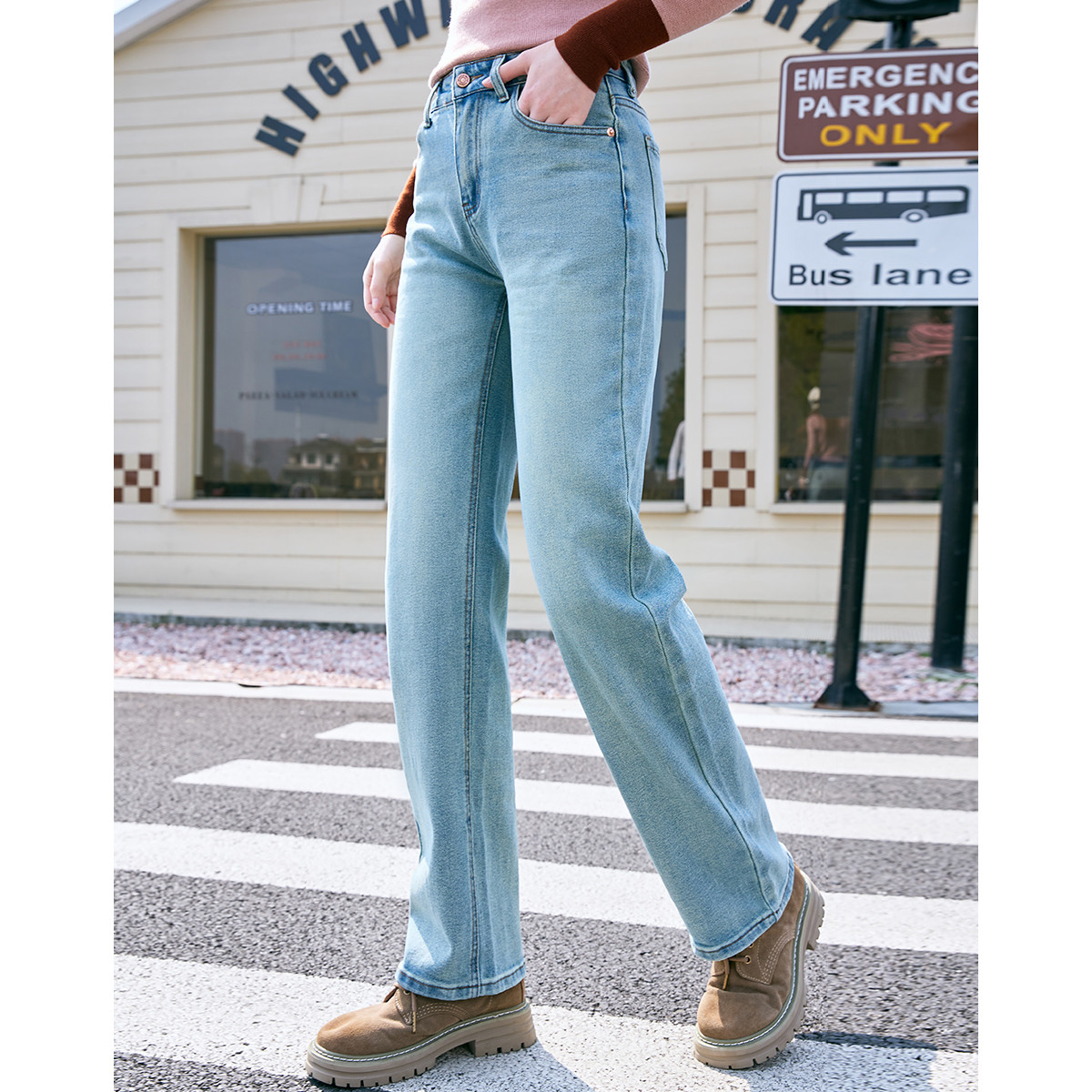a02美式复古水洗经典款高腰直筒裤2025秋季休闲街头风女式牛仔裤