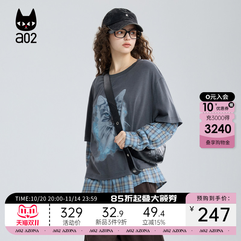 a02黑猫系列格子拼接假两件宽松圆领长袖T恤女2025新款秋季打底衫