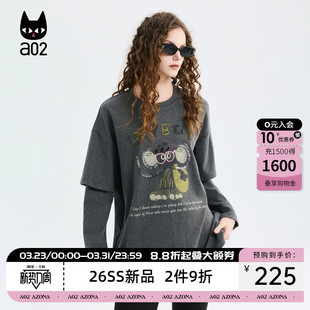 设计感绣花休闲春装 春季 上衣 T恤女2026新款 a02宽松假两件圆领长袖