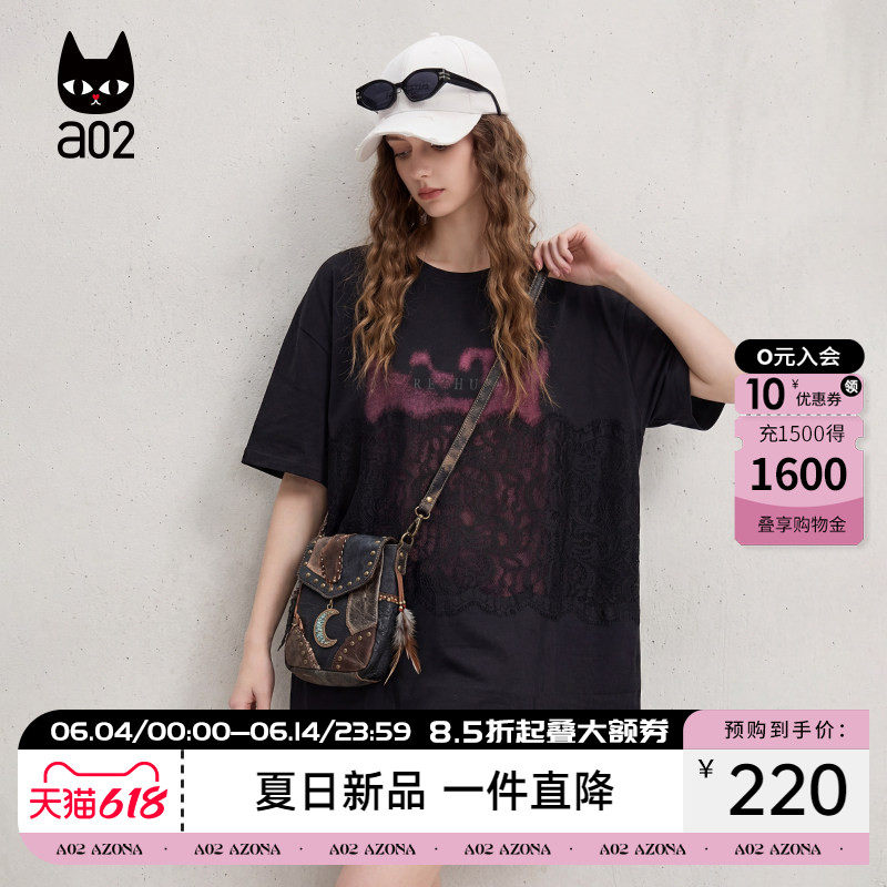 a02个性设计感字母拼接蕾丝短袖T恤女2026夏季新款宽松黑色上衣潮