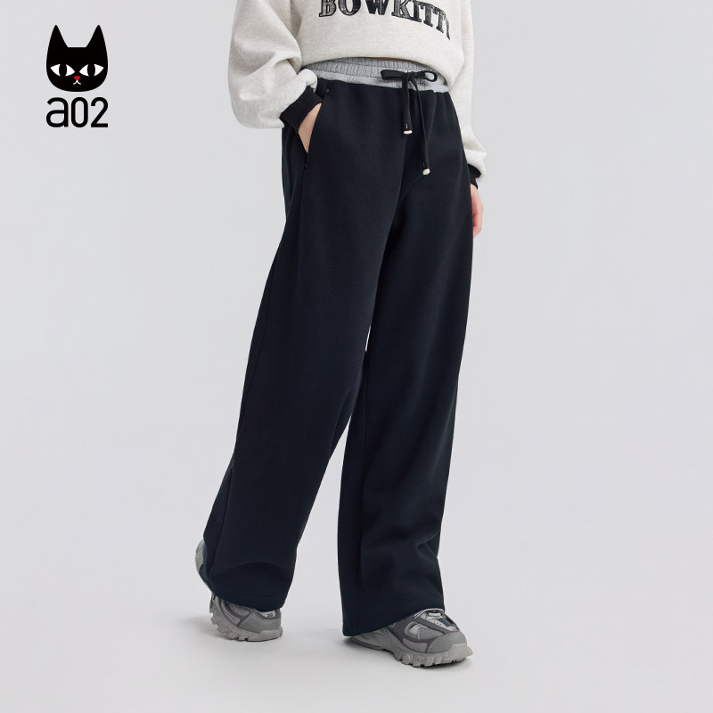 a02宽松加绒休闲裤女2025新款冬季加厚保暖黑色阔腿裤撞色裤子
