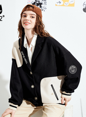 a02黑白撞色拼接外套女2026春秋宽松显瘦百搭休闲长袖潮流棒球服