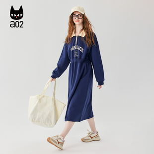 a022025秋季新款翻领字母印花收腰长裙修身宽松时尚高腰连衣裙女