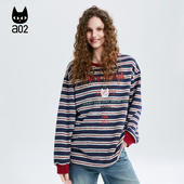 a02清新蓝色条纹长袖 上衣 宽松圆领打底衫 T恤女2026新款 春季