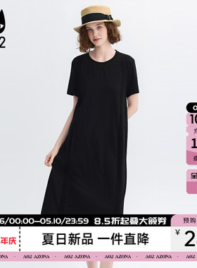 a02慵懒风打褶黑色显瘦圆领短袖连衣裙女2026夏季宽松休闲t恤裙