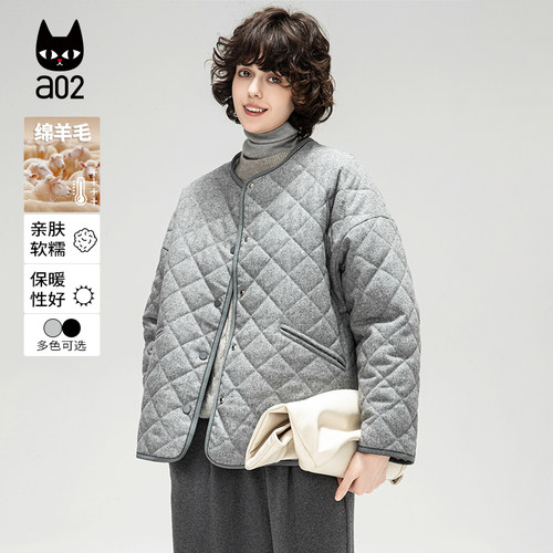 a02【ET自然】绵羊毛宽松外套女2025春秋冬毛呢菱格棉服宽松上衣