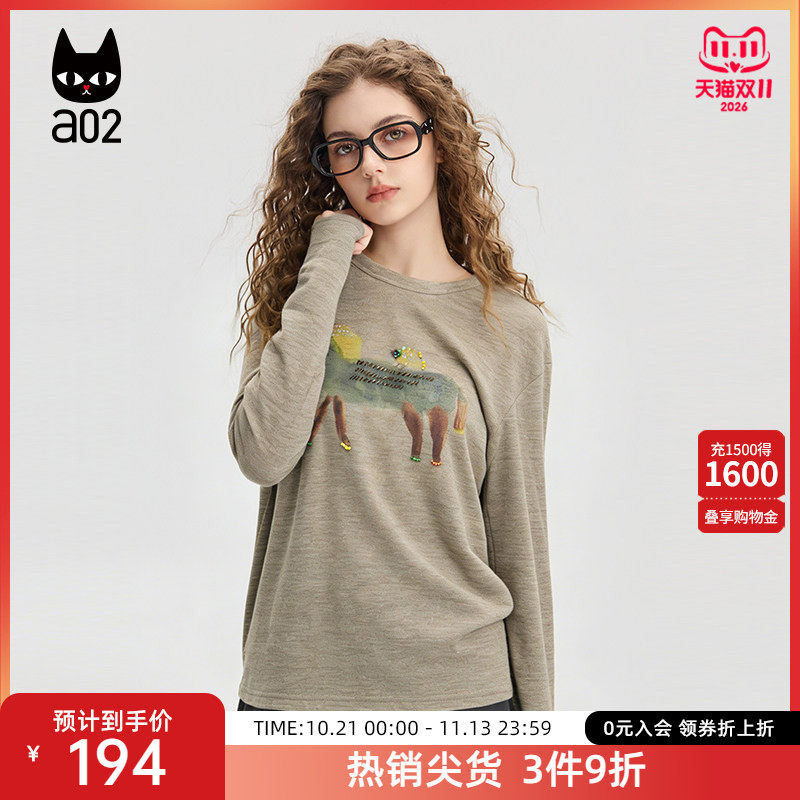 a02黑猫系列马年天丝圆领长袖T恤女款2026新款春秋打底衫内搭上衣