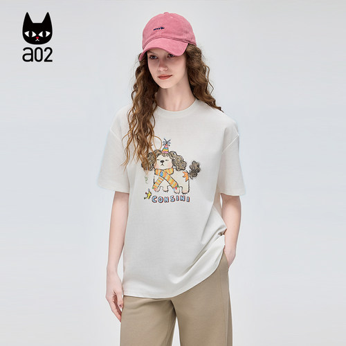 a02女装2026夏新款卡通小狗圆领短袖t恤女减龄薄款透气打底衫小衫