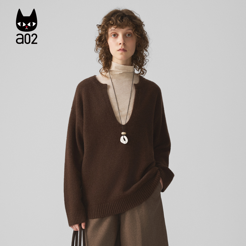 a02【ML麦麸系列】绵羊毛宽松V领针织衫女2025新款冬季毛衣保暖