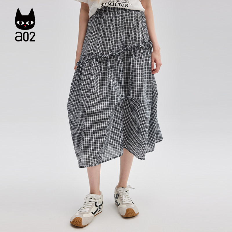 a02木耳边格子半身裙女2025新款夏季薄款伞裙通勤穿搭设计感裙子