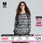 春秋设计感打底衫 a02复古民族风满印宽松圆领长袖 T恤女2025新款