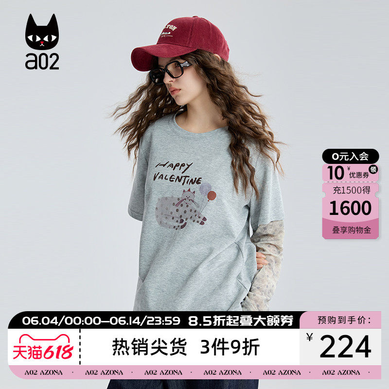a02黑猫系列波点假两件圆领长袖T恤女2026新款春秋松弛感早秋上衣