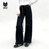 女2026新款 春季 设计感阔腿裤 a02宽松黑色直筒牛仔裤 子休闲长裤