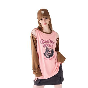 a02宽松插肩袖圆领长袖T恤2025新款秋季小众设计感女装上衣